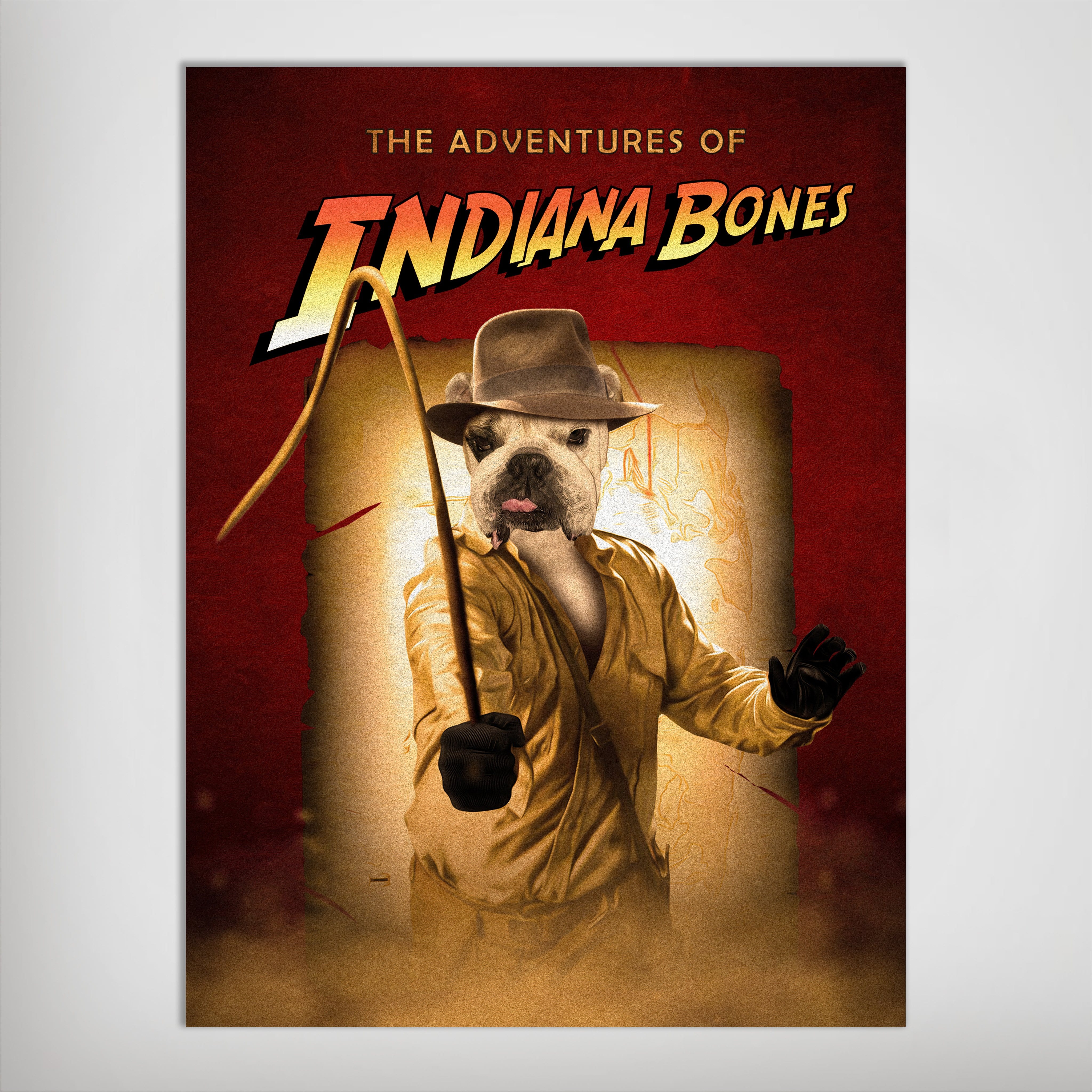 Personalized "Indiana Bones" pet poster featuring a bulldog in a fedora and holding a whip on a red background.