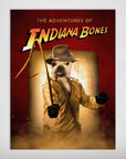 Personalized "Indiana Bones" pet poster featuring a bulldog in a fedora and holding a whip on a red background.