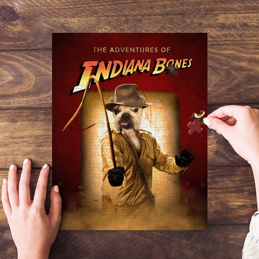 Personalized "Indiana Bones" pet puzzle featuring a bulldog in an adventure costume.