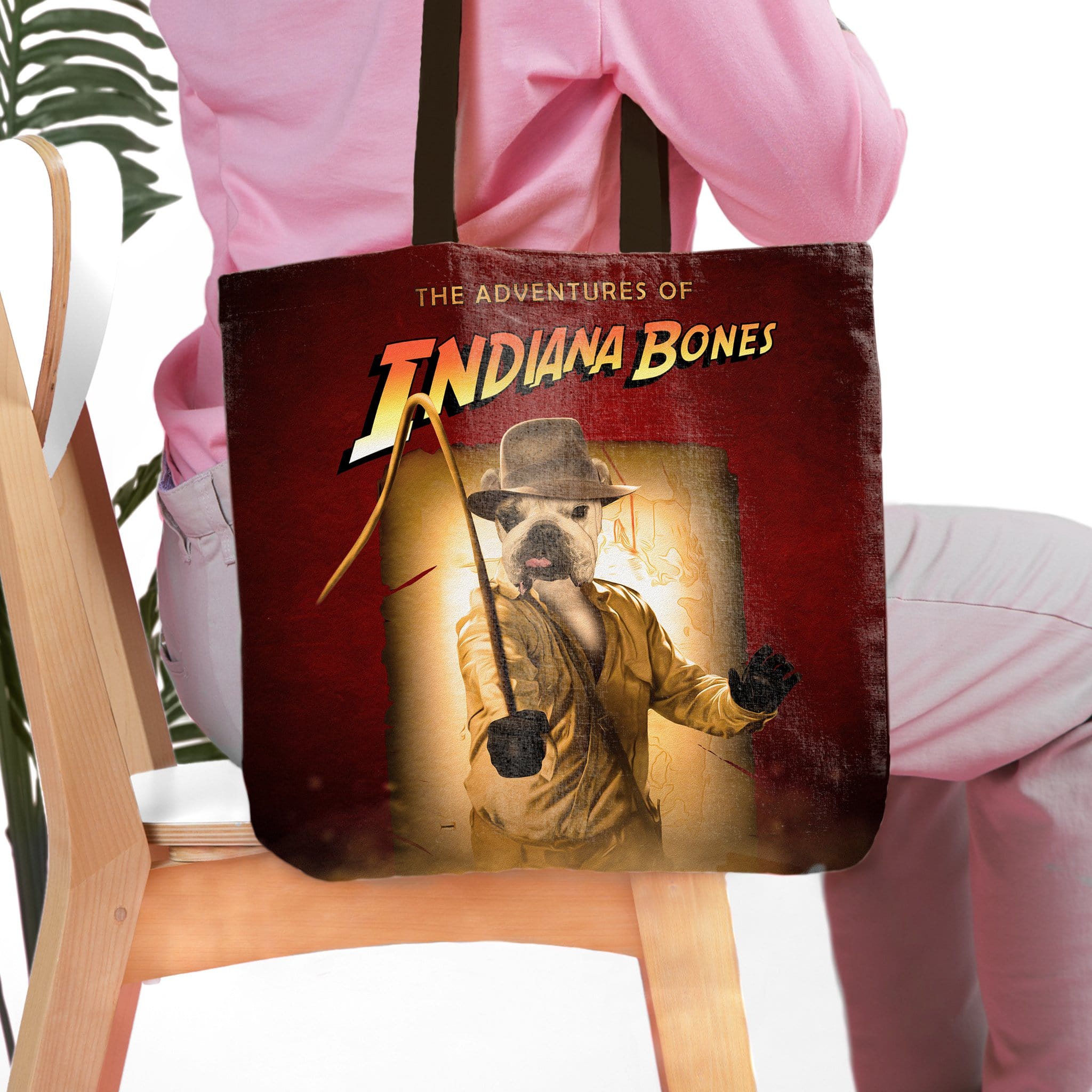 Personalized 'Indiana Bones' tote bag featuring a French Bulldog pet portrait in an adventure movie style.