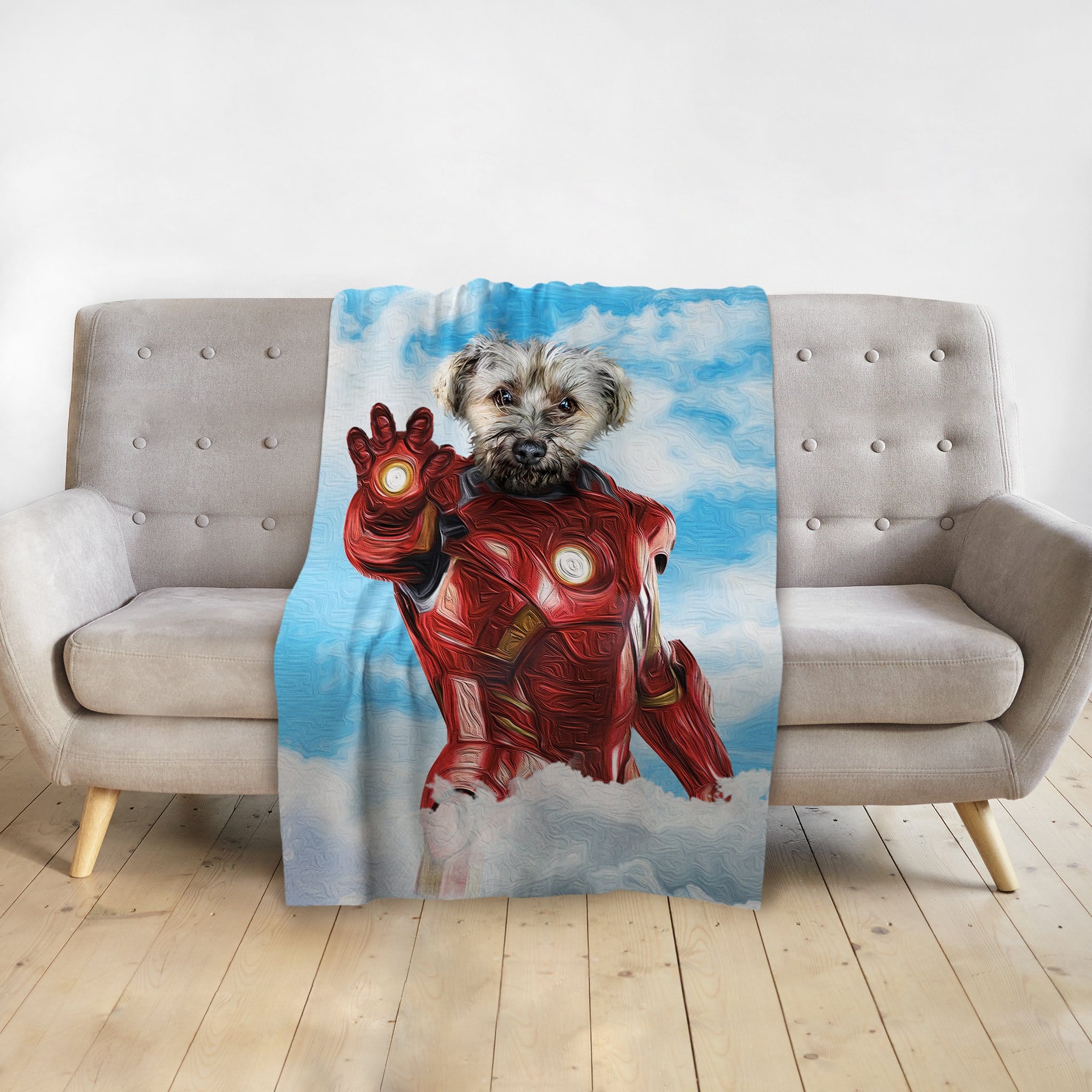 Personalized minky blanket with a custom Iron Man-style portrait of a terrier dog on a blue sky background.