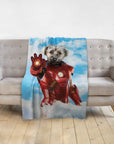 Personalized minky blanket with a custom Iron Man-style portrait of a terrier dog on a blue sky background.