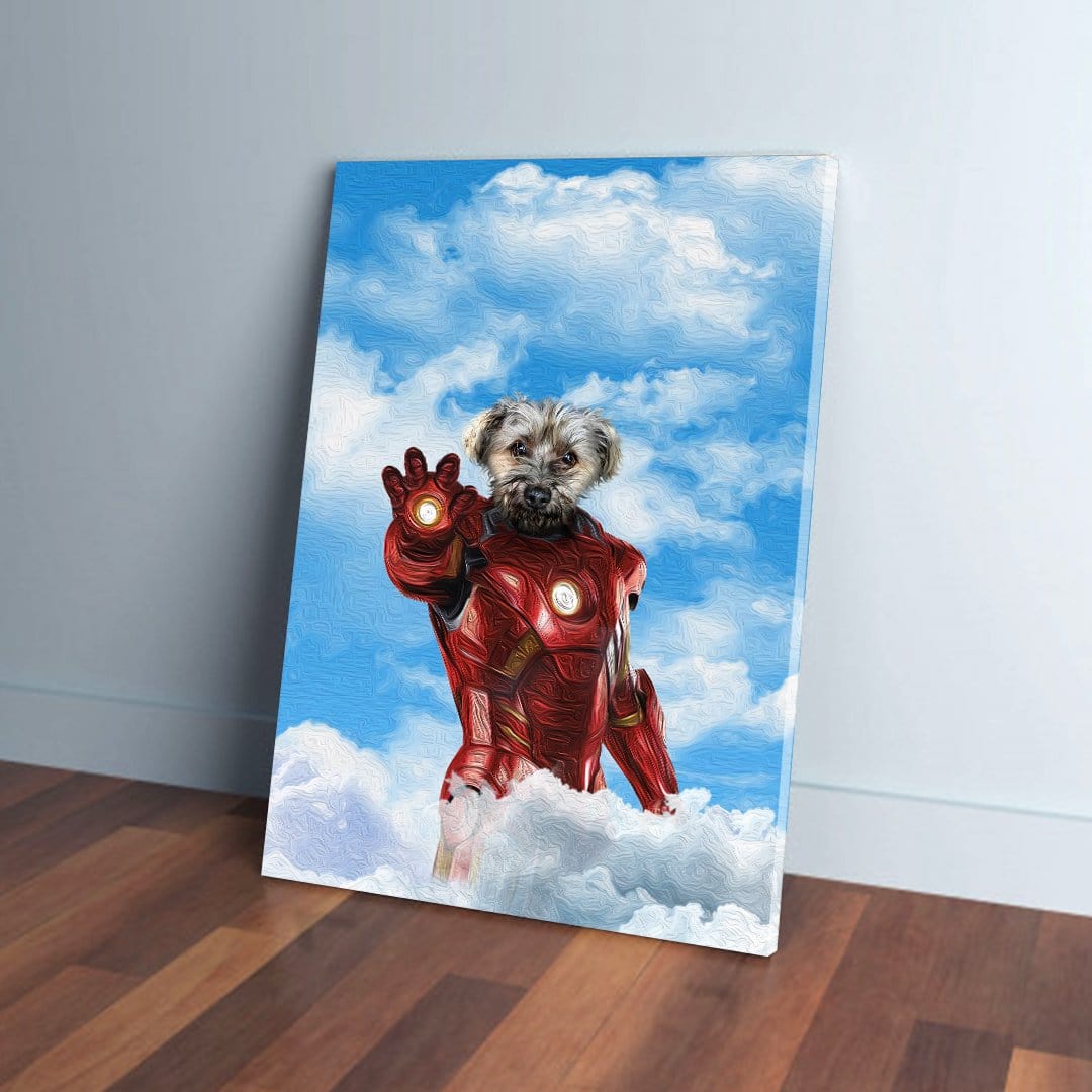 Personalized pet canvas featuring a dog's head on an Iron Man suit, against a blue sky with clouds.