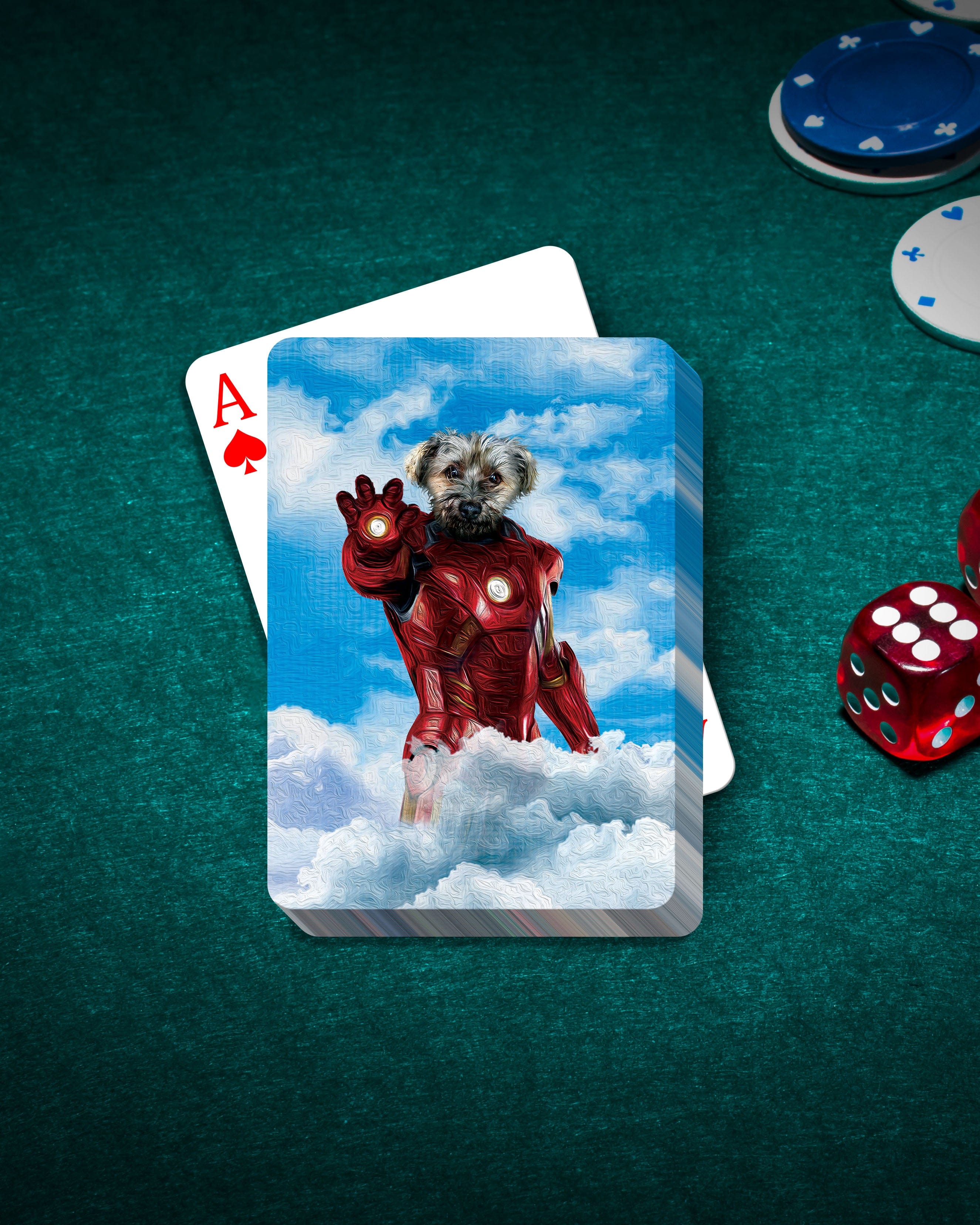 Personalized playing cards featuring a custom pet portrait of a dog in a red Iron Man suit on a green felt table with chips and dice.