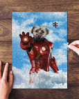 Personalized Iron Doggo pet puzzle featuring a terrier in a red superhero suit, with hands assembling.