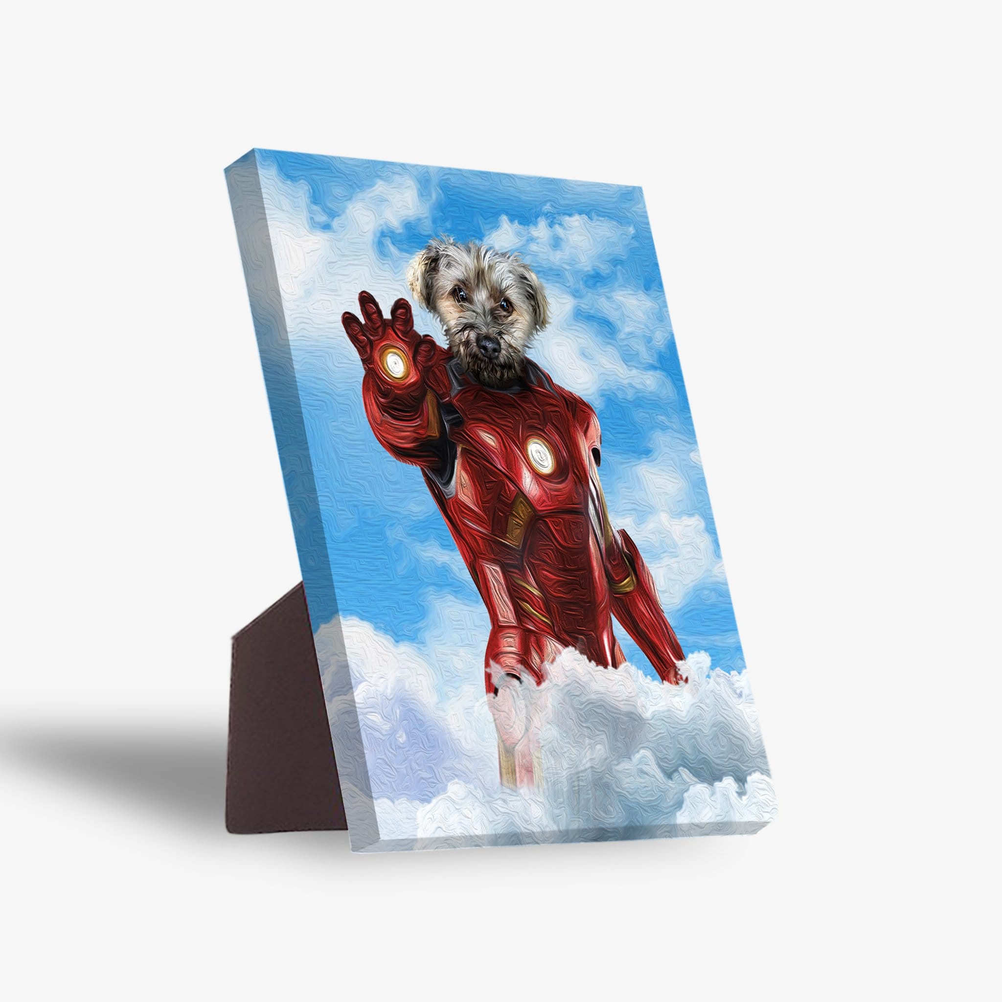Personalized standing canvas featuring a dog's head on an Iron Man suit, flying through blue skies with clouds.