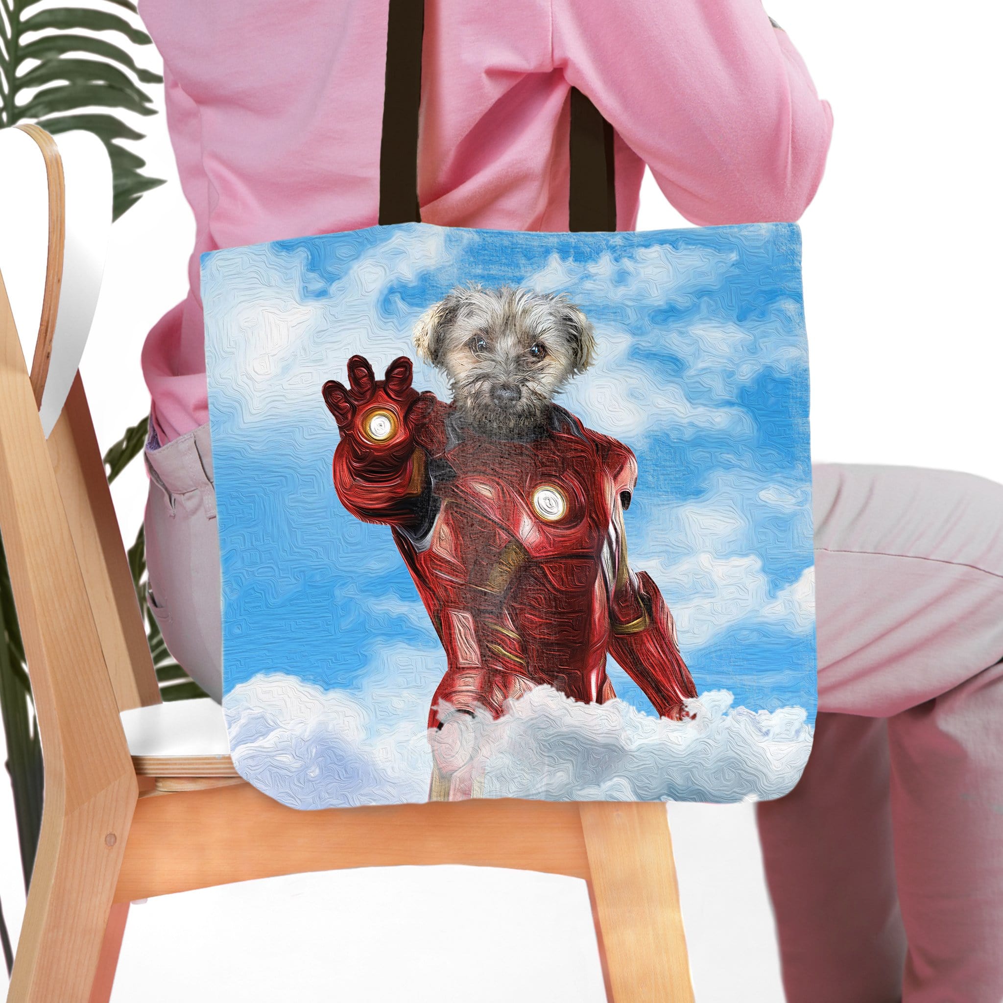 Personalized tote bag with a custom pet portrait of a dog as Iron Man in a renaissance style.