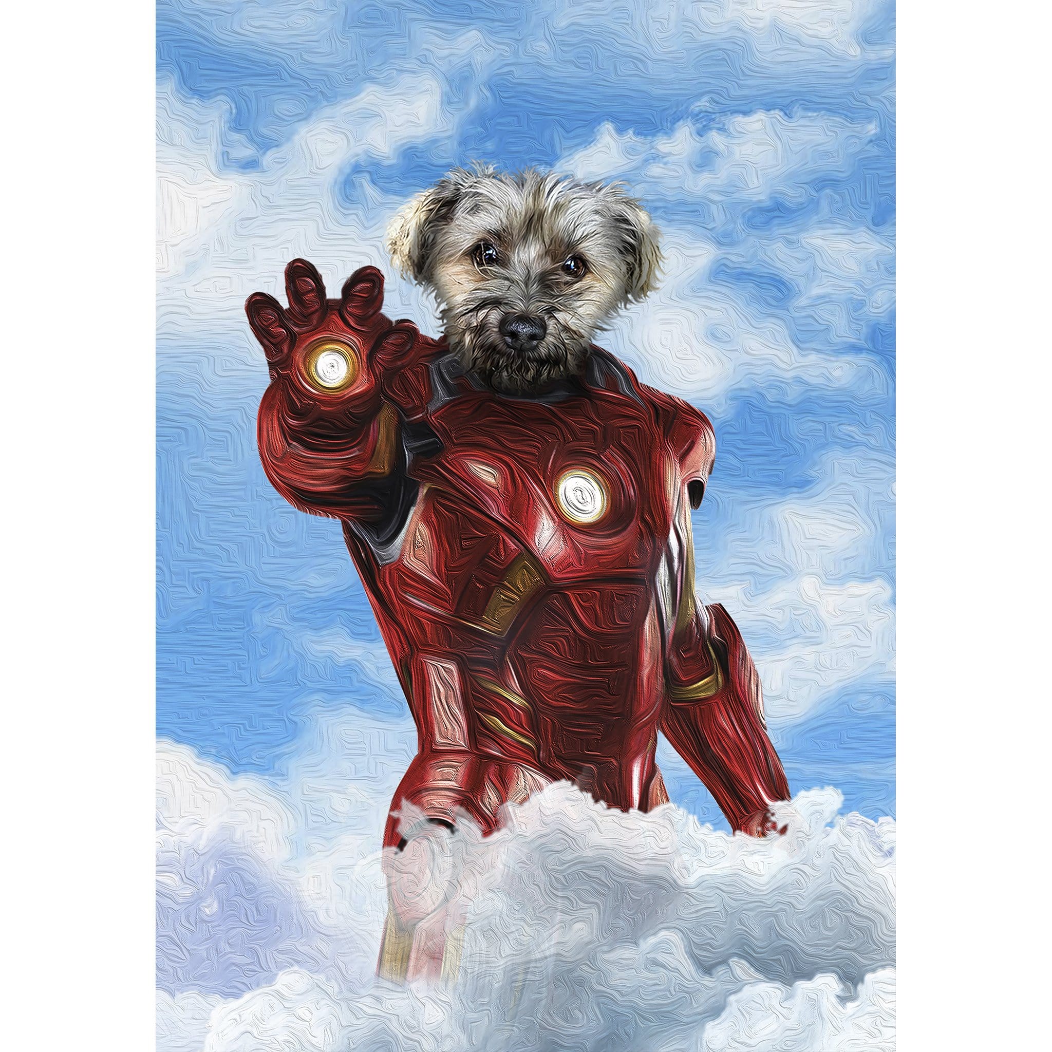 Personalized digital portrait of a dog's head on an Iron Man suit, with a cloudy sky background.