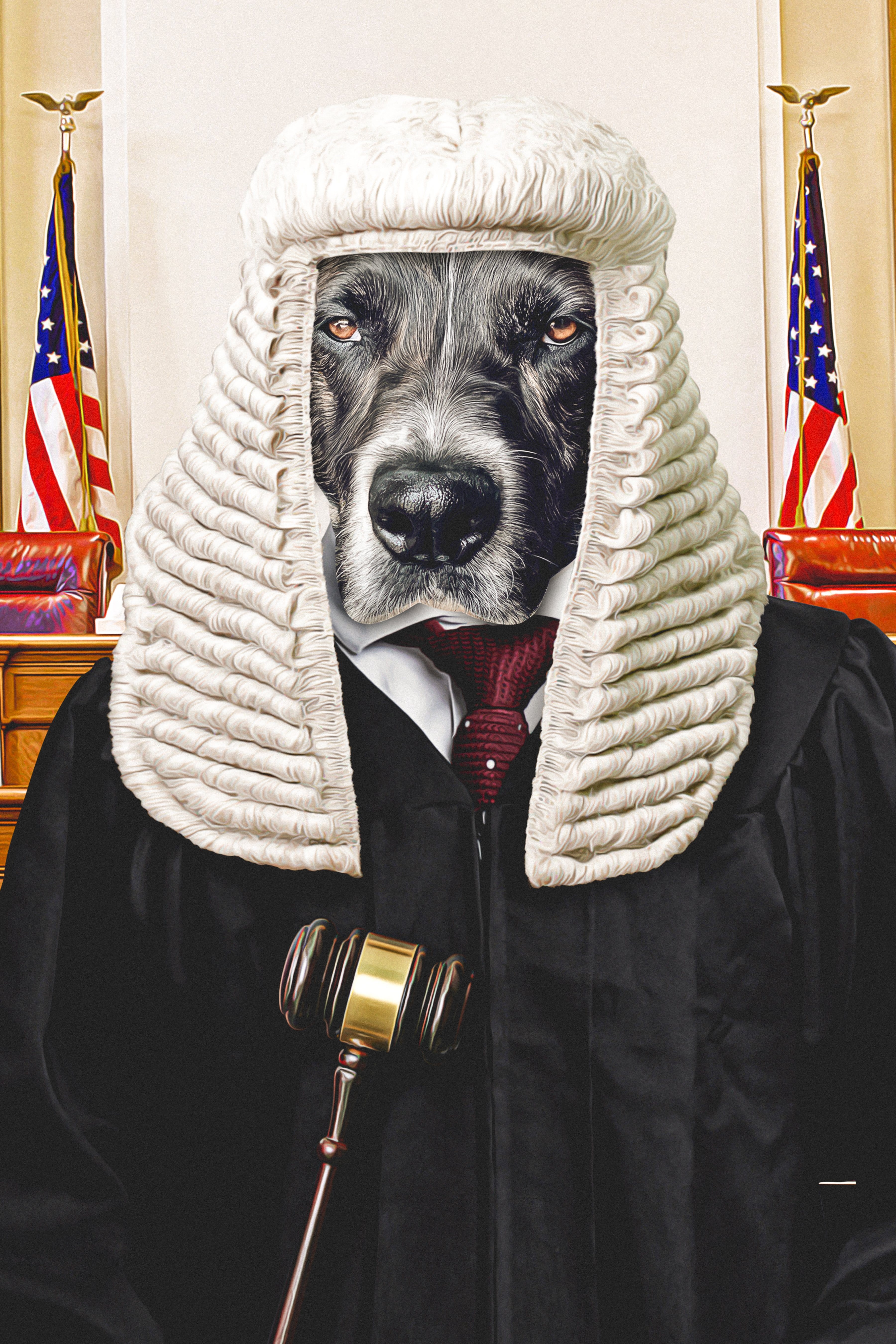 Custom digital portrait of a dog dressed as a judge in a black robe and white wig.