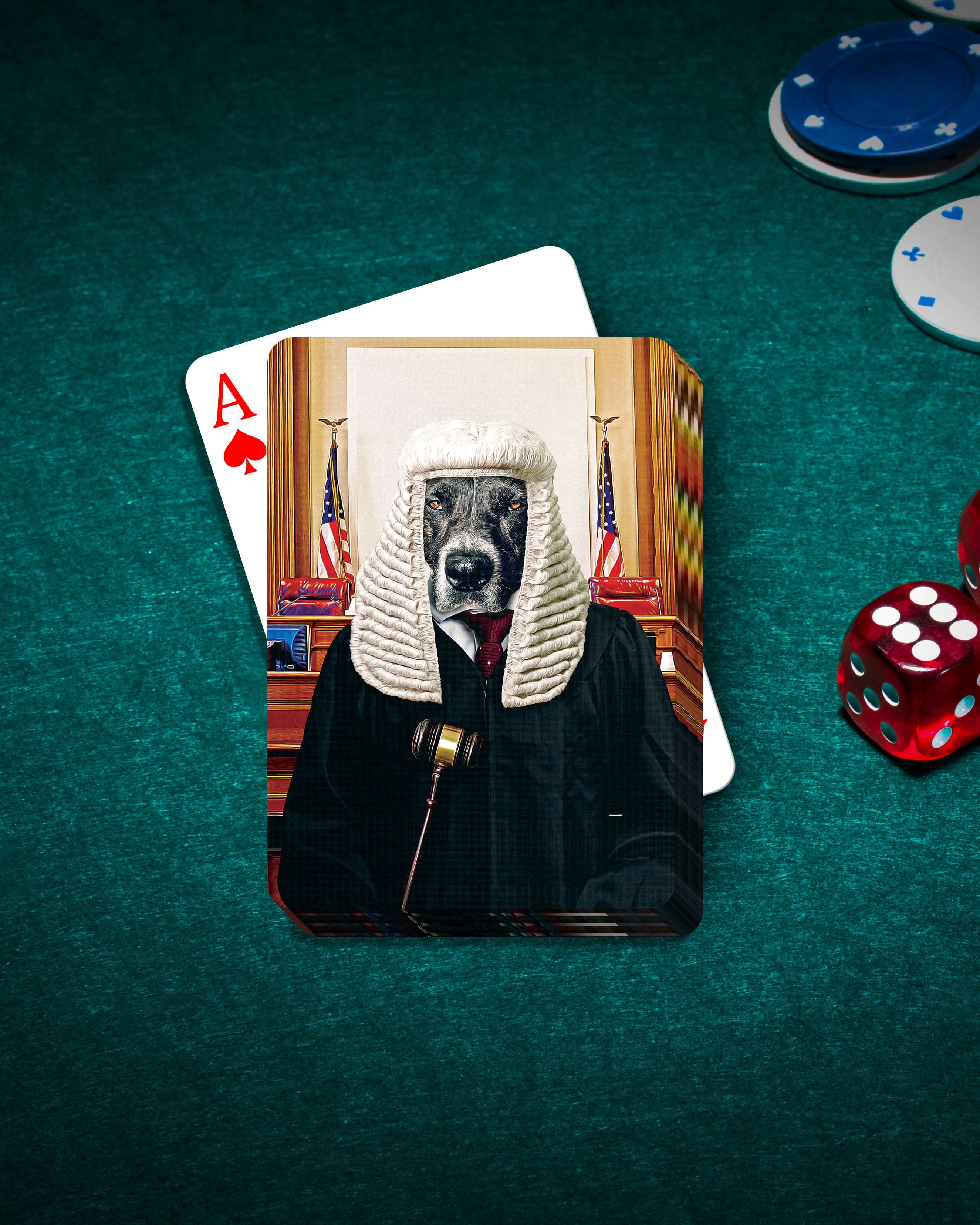Personalized playing cards featuring a dog in a judge's wig and robe, with poker chips and dice.