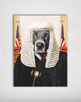 Personalized pet poster featuring a dog dressed as a judge in a black robe and white wig, holding a gavel.
