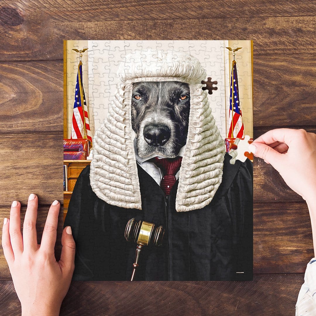 Personalized pet puzzle featuring a dog in a judge's wig and robe, with US flags in the background.