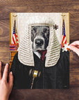 Personalized pet puzzle featuring a dog in a judge's wig and robe, with US flags in the background.