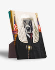 Personalized pet standing canvas featuring a dog dressed as a judge in a black robe and white wig.