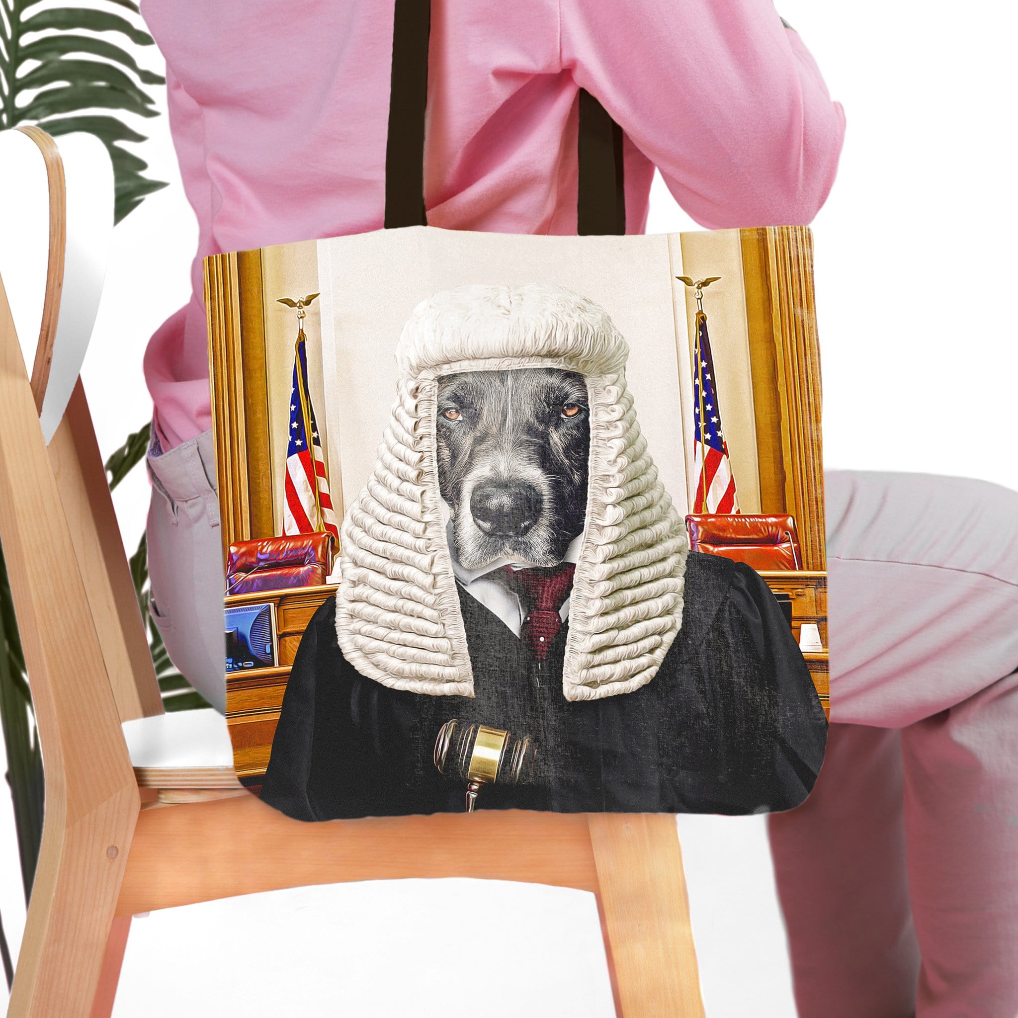 Personalized 'Judge' pet portrait tote bag featuring a dog in a judge's wig and robe.