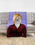 Personalized pet portrait blanket featuring a Shih Tzu dog with a blonde bob and red shirt.