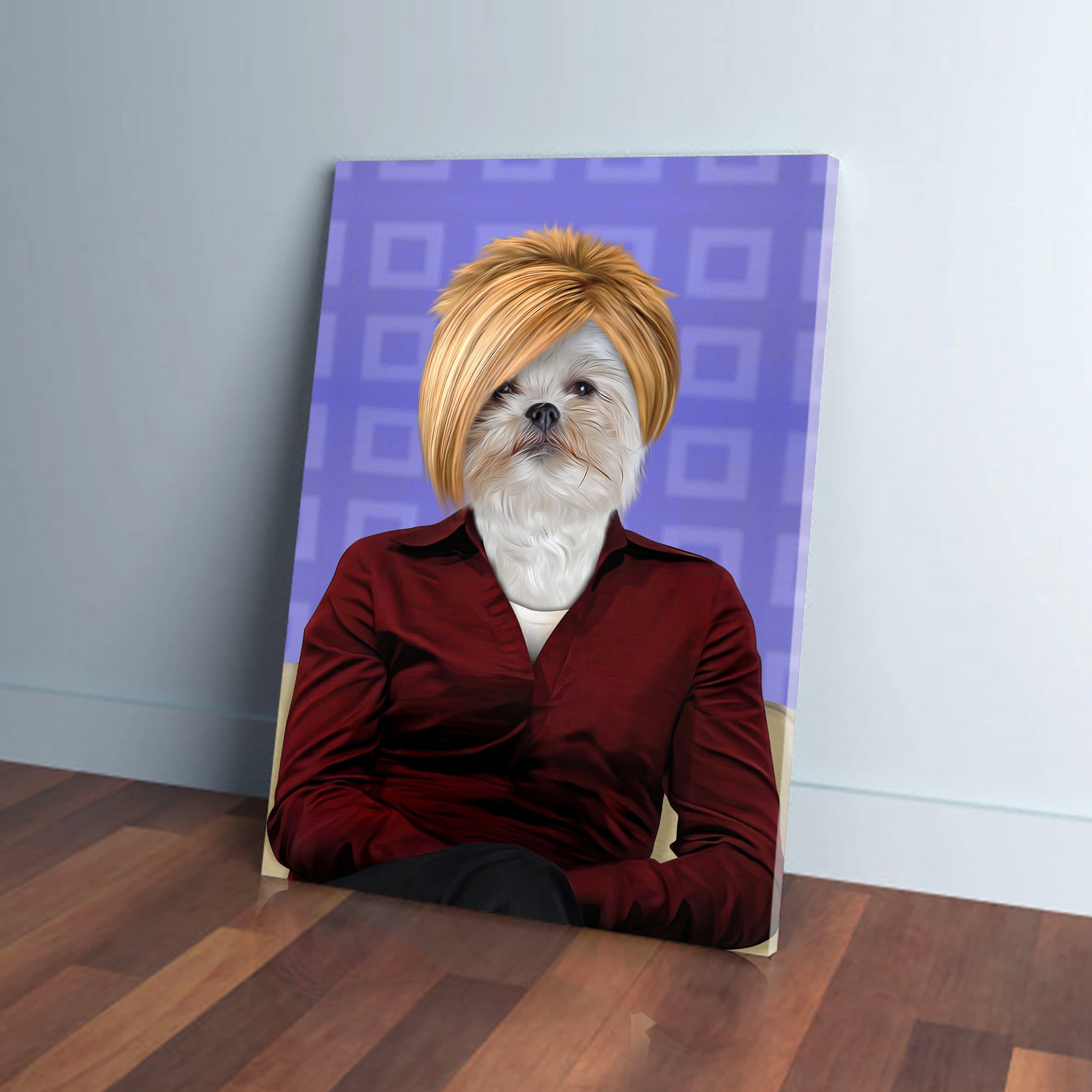 Personalized pet canvas featuring a Shih Tzu with a blonde bob, red shirt, and purple background.