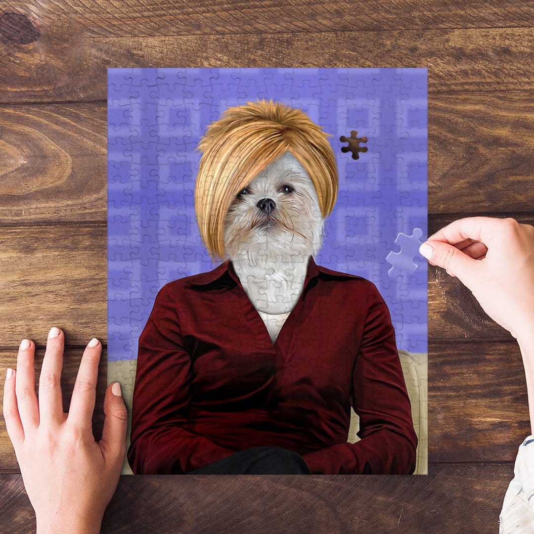 Personalized pet puzzle featuring a Shih Tzu dog in a "Karen" style portrait with blonde bob and red shirt.