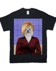 Black Gildan unisex t-shirt featuring a personalized pet portrait of a dog with a blonde bob and red shirt.