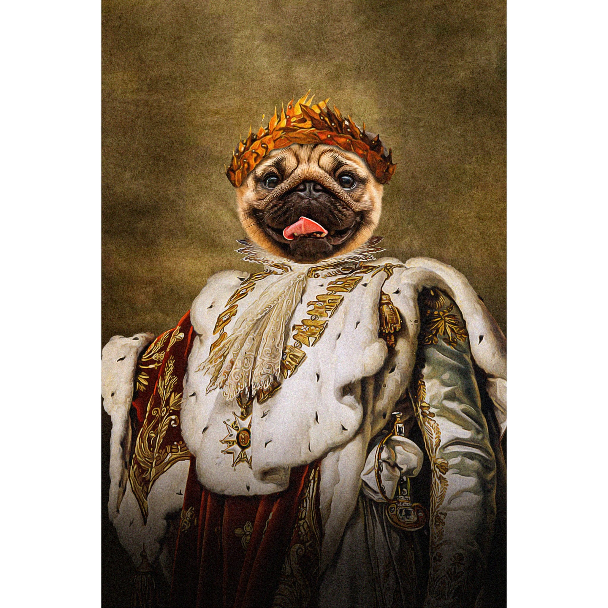 Custom personalized digital portrait of a pug dog in a royal renaissance king costume with a crown.