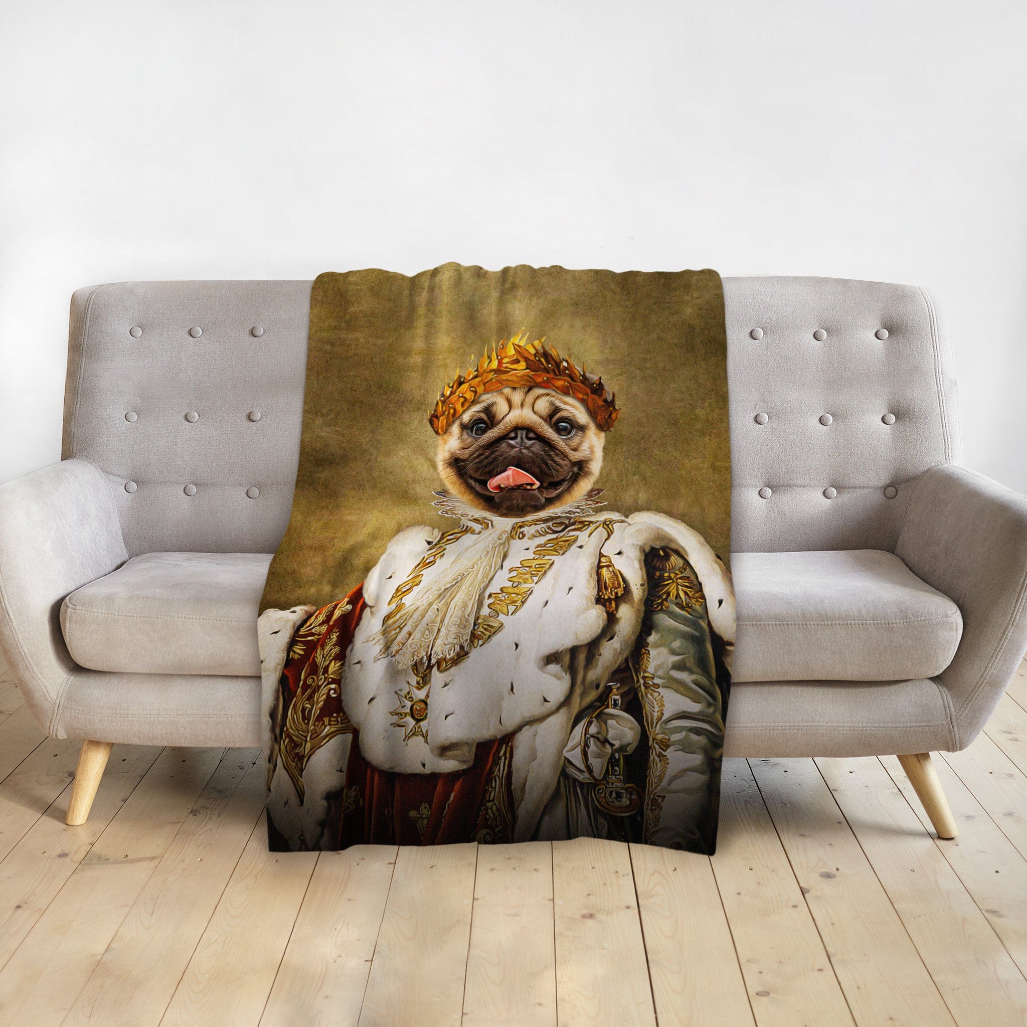 Custom King Blep personalized pet blanket with a pug in royal renaissance portrait style.
