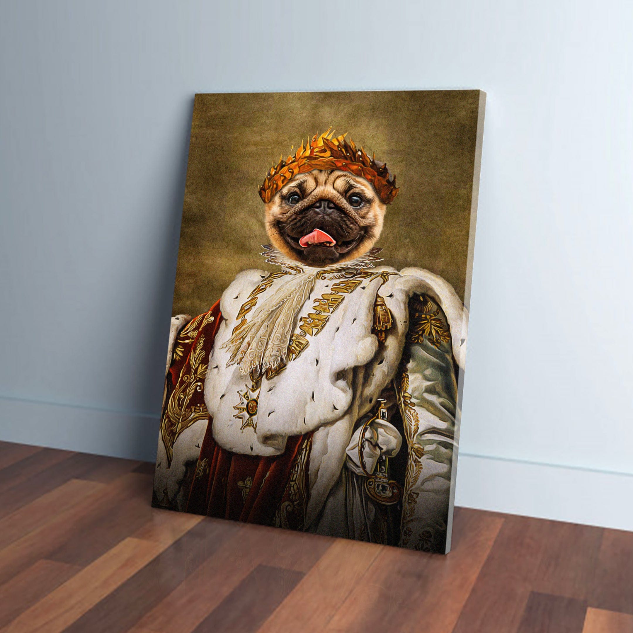 Personalized 'King Blep' pet canvas featuring a pug in a regal crown and royal robe.