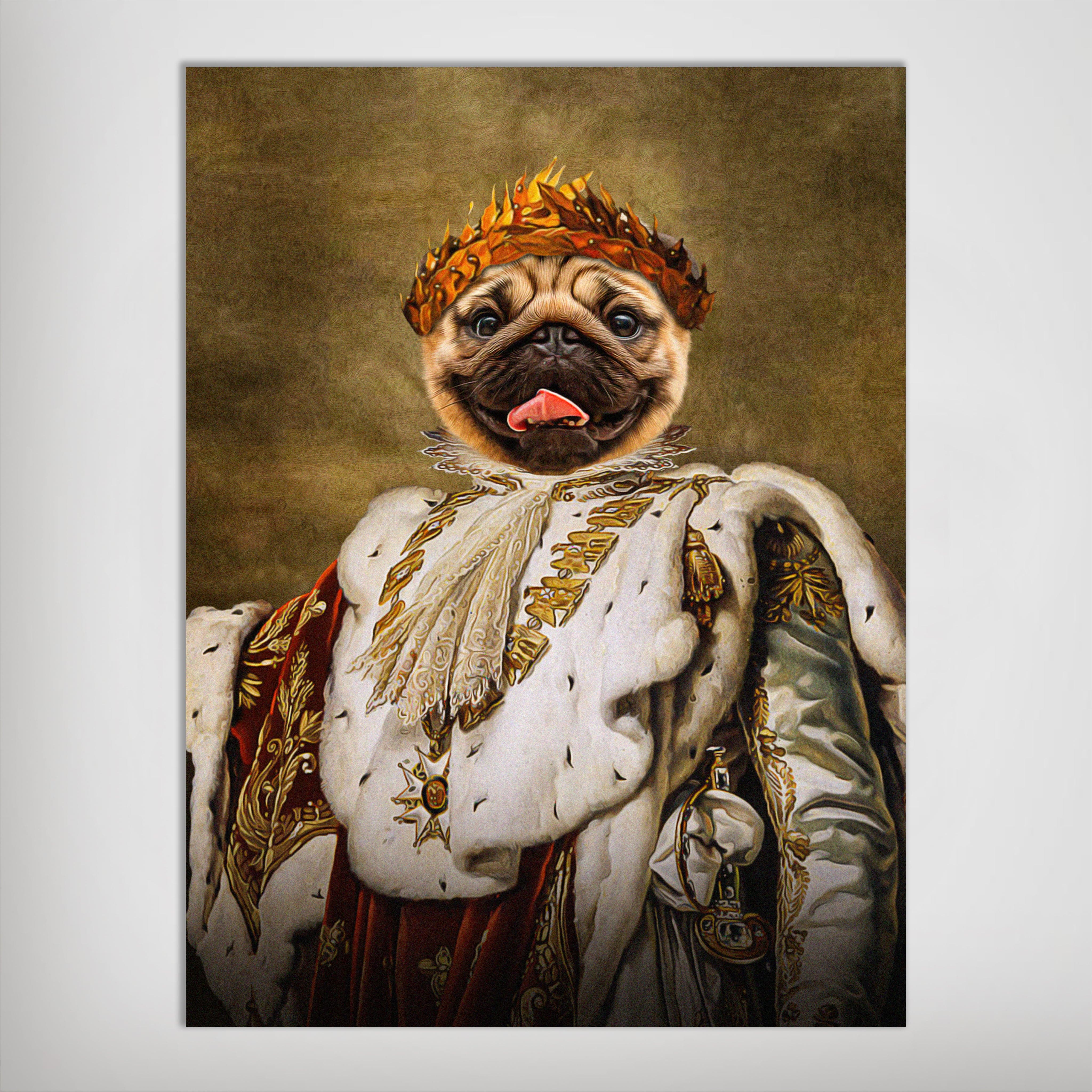 Personalized 'King Blep' pet poster featuring a pug in a regal, gold-crowned, white and red royal robe.