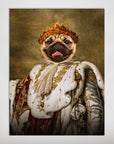 Personalized 'King Blep' pet poster featuring a pug in a regal, gold-crowned, white and red royal robe.