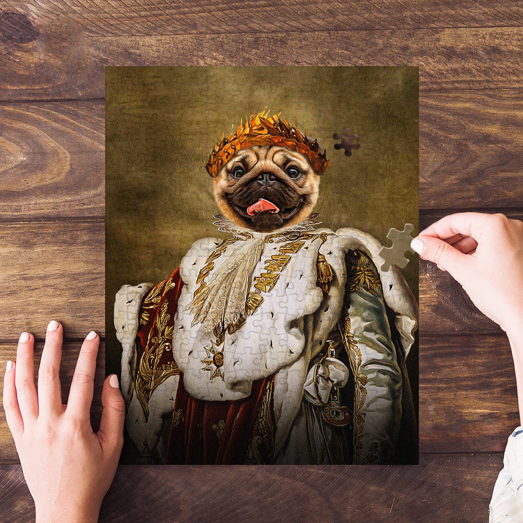 Personalized 'King Blep' renaissance style pug dog pet portrait puzzle with a hand placing a piece.