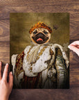 Personalized 'King Blep' renaissance style pug dog pet portrait puzzle with a hand placing a piece.