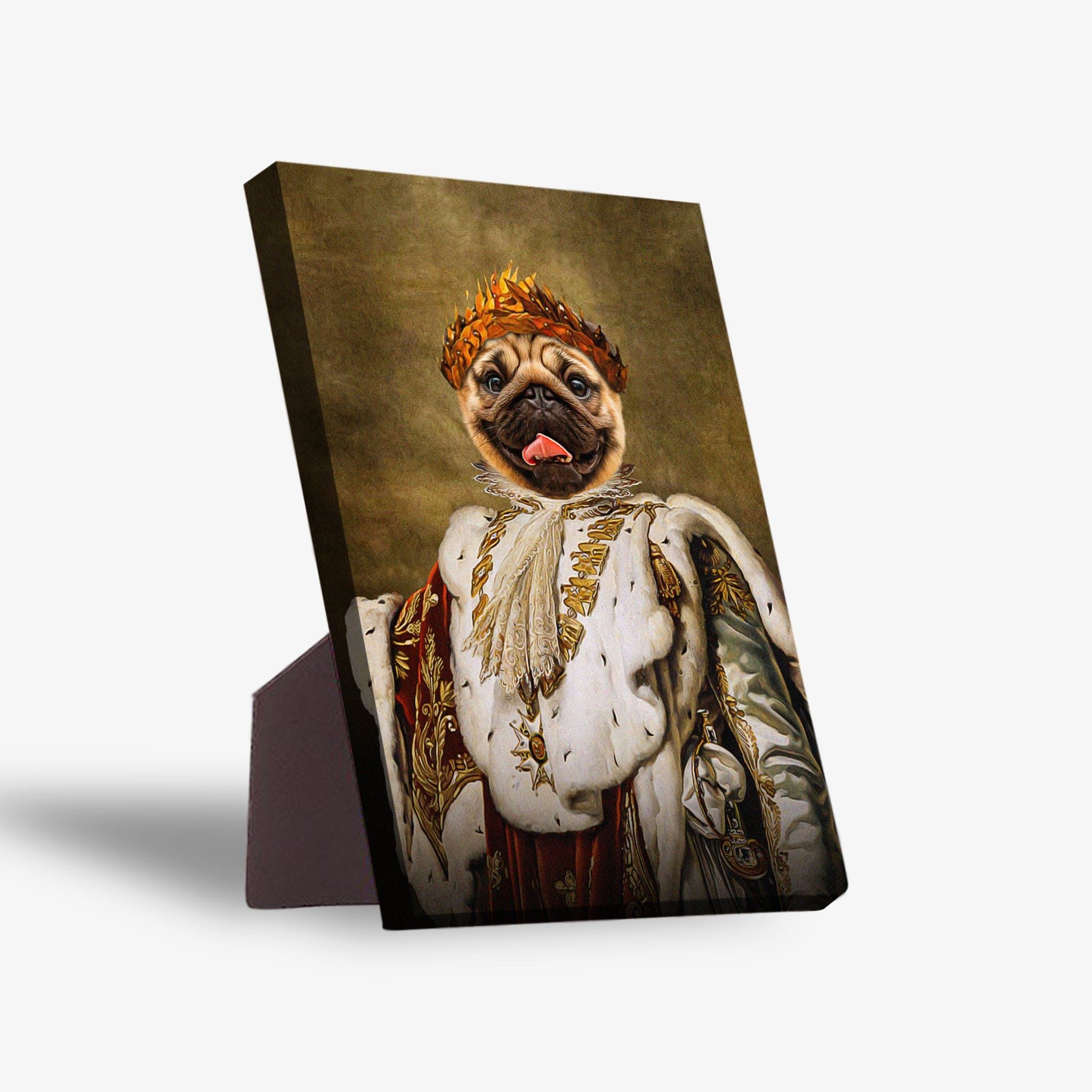 Personalized 'King Blep' standing canvas featuring a pug in a royal crown and robe.