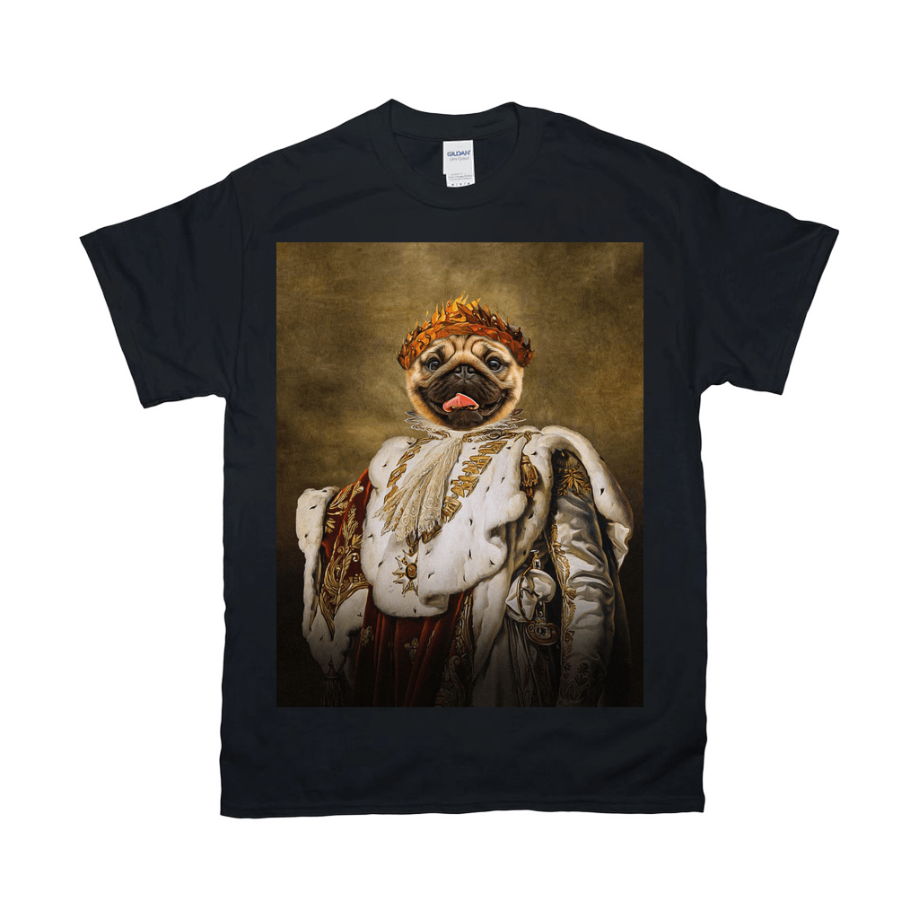 Black Gildan t-shirt with a personalized pug portrait in royal attire, featuring a crown and ornate robe.