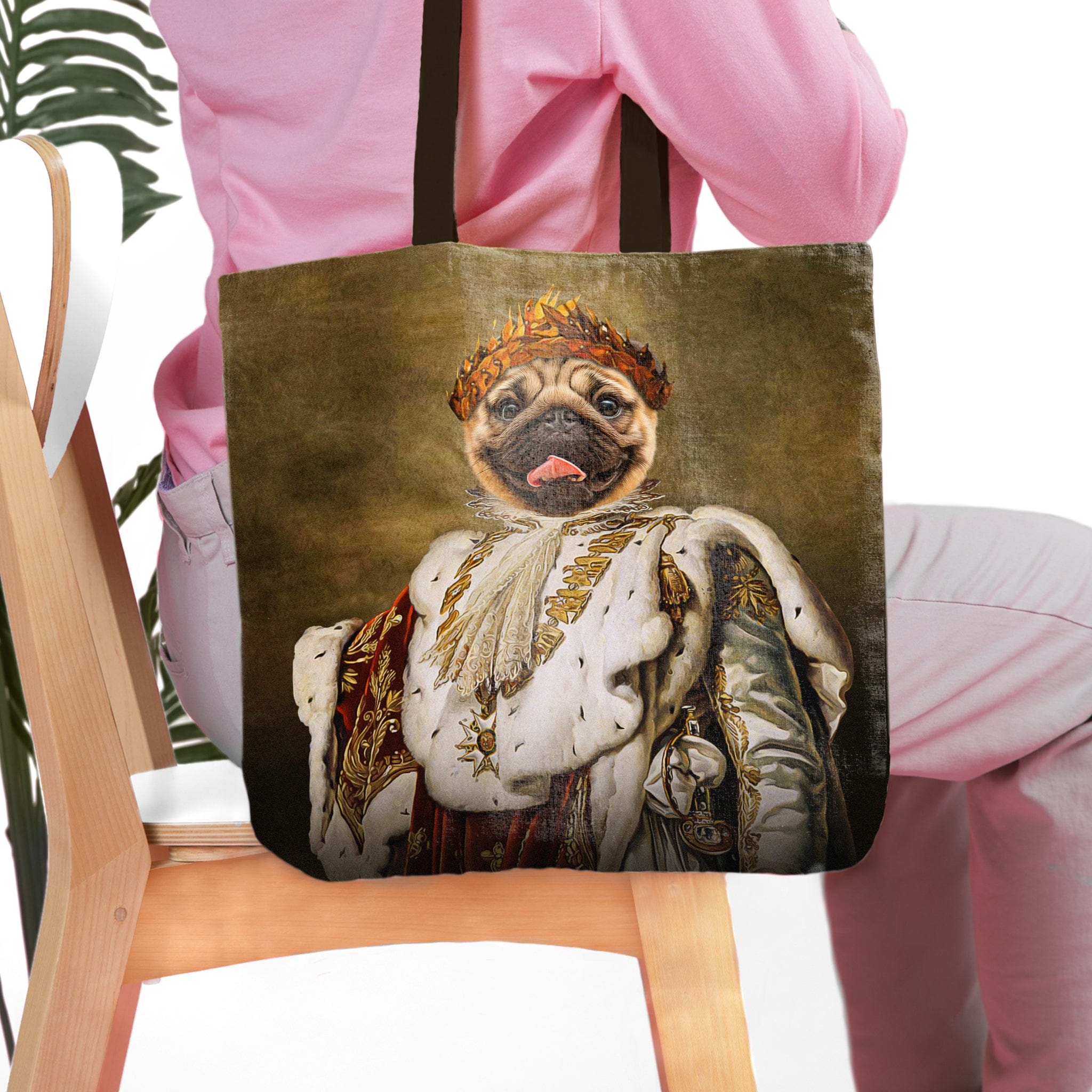Personalized 'King Blep' tote bag with a custom renaissance royal portrait of a pug dog.