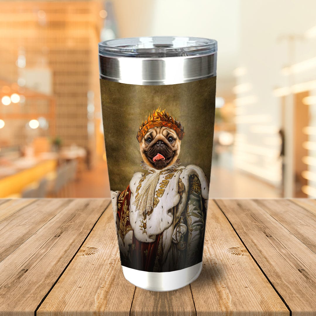 Personalized stainless steel tumbler with a royal renaissance portrait of a pug dog wearing a crown and robe.