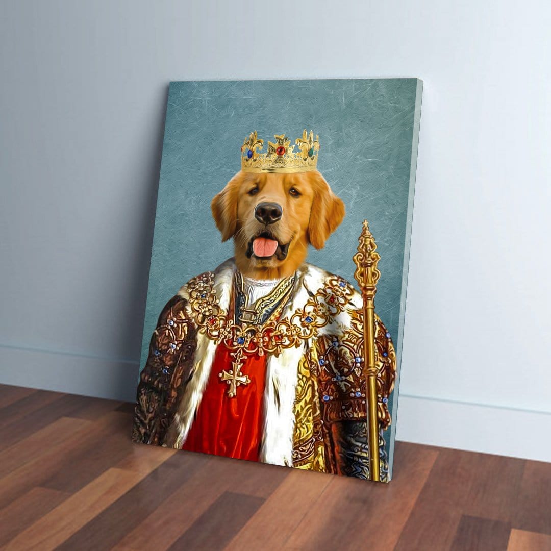 Golden Retriever pet portrait on canvas, dressed as a king with a jeweled crown and royal robes.