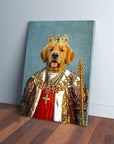 Golden Retriever pet portrait on canvas, dressed as a king with a jeweled crown and royal robes.