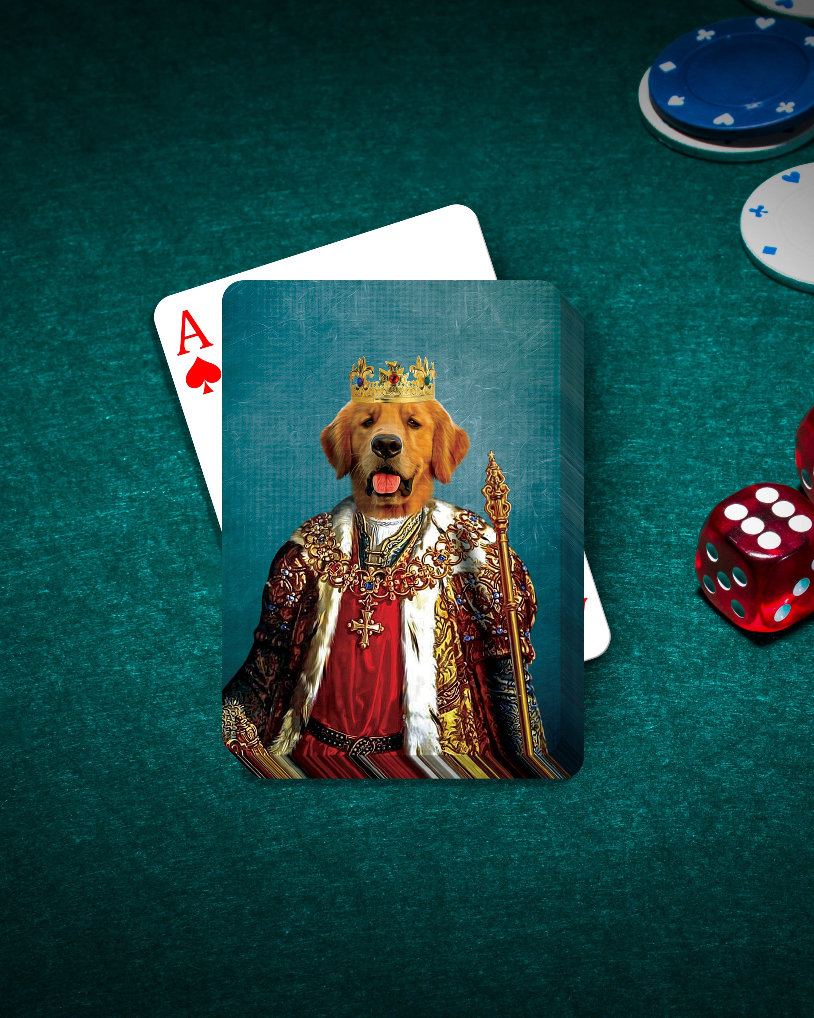 Personalized playing cards featuring a Golden Retriever pet portrait in a royal King costume.