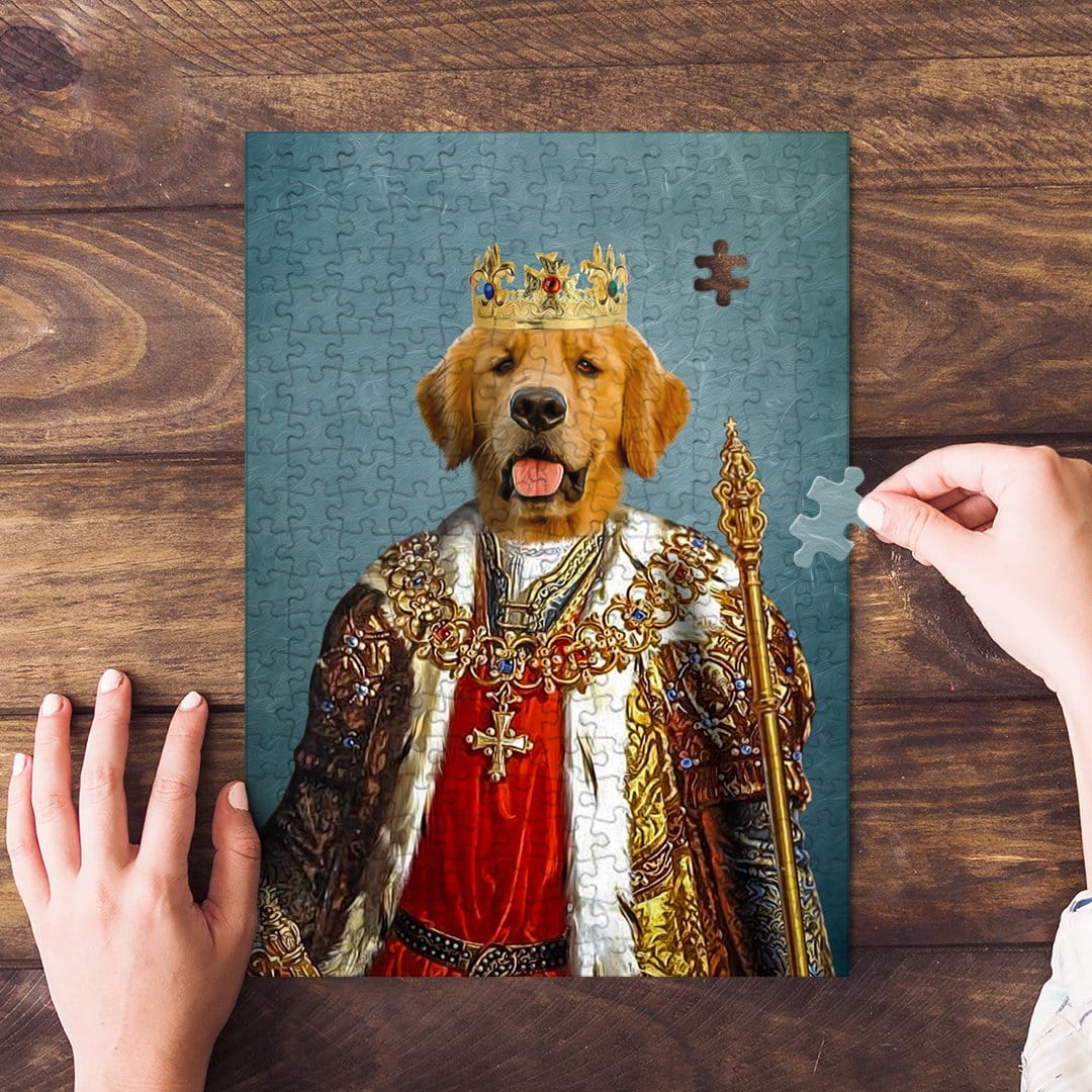 Custom personalized pet puzzle featuring a golden retriever in a royal king portrait.