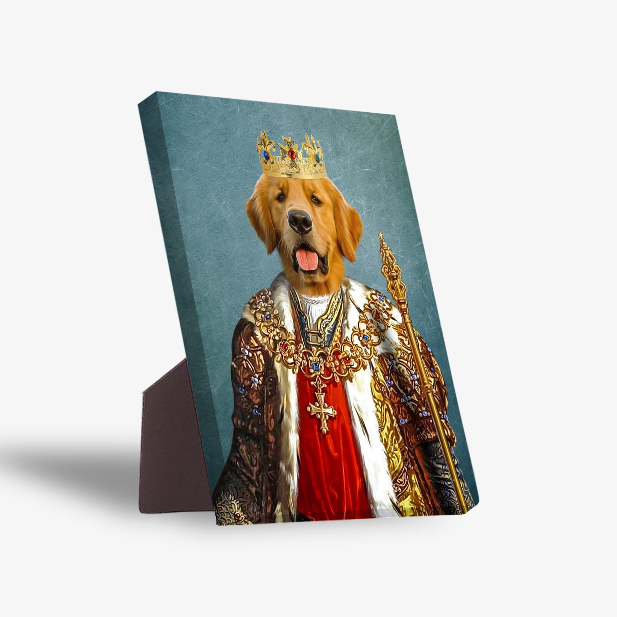 Personalized pet standing canvas featuring a golden retriever in a king's crown and regal robes.