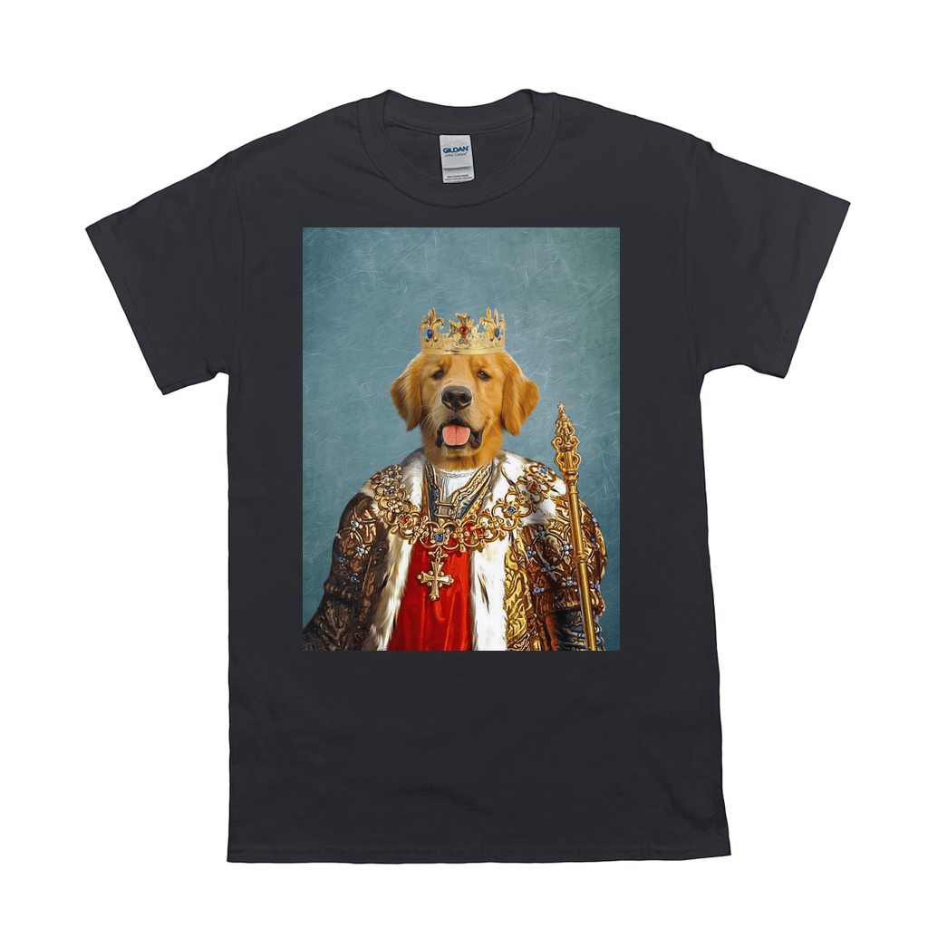 Black Gildan t-shirt featuring a golden retriever in royal king attire, crown and scepter, on a blue background.
