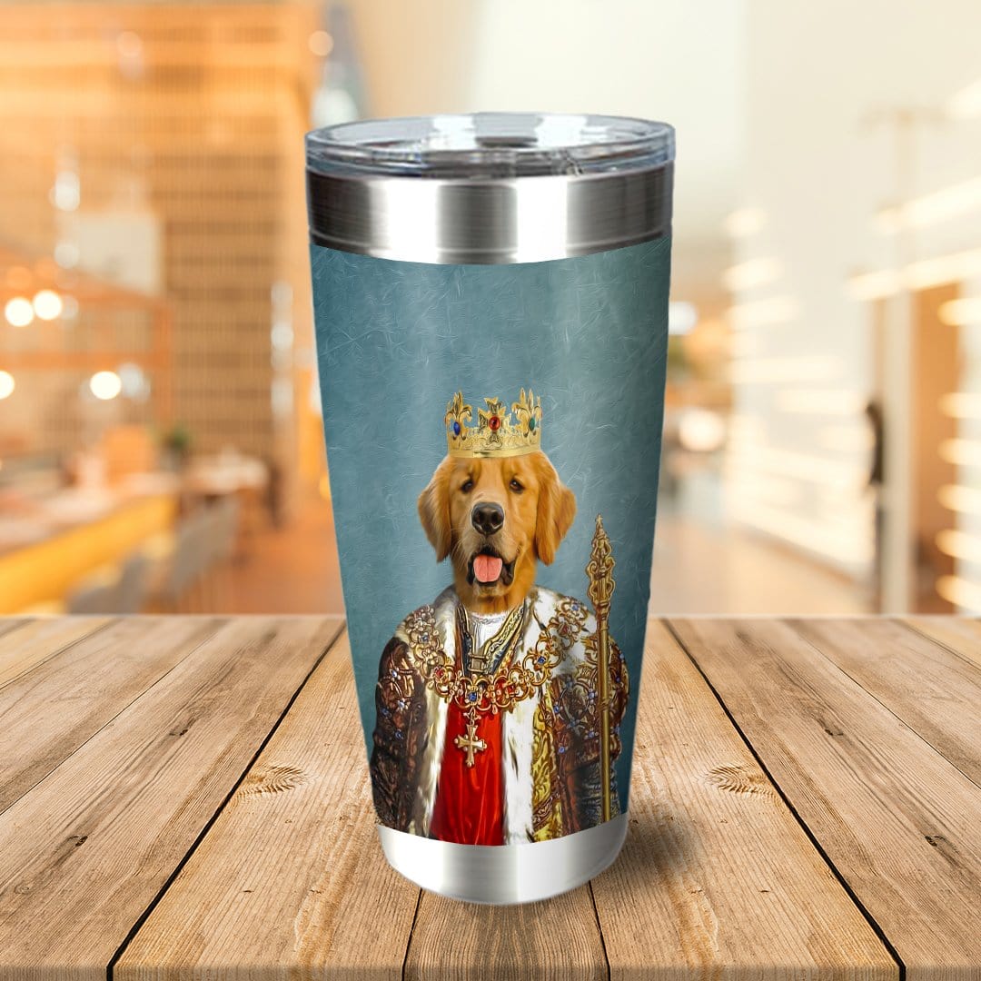 Stainless steel tumbler with a personalized royal portrait of a golden retriever wearing a crown and regal attire.