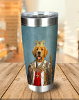 Stainless steel tumbler with a personalized royal portrait of a golden retriever wearing a crown and regal attire.