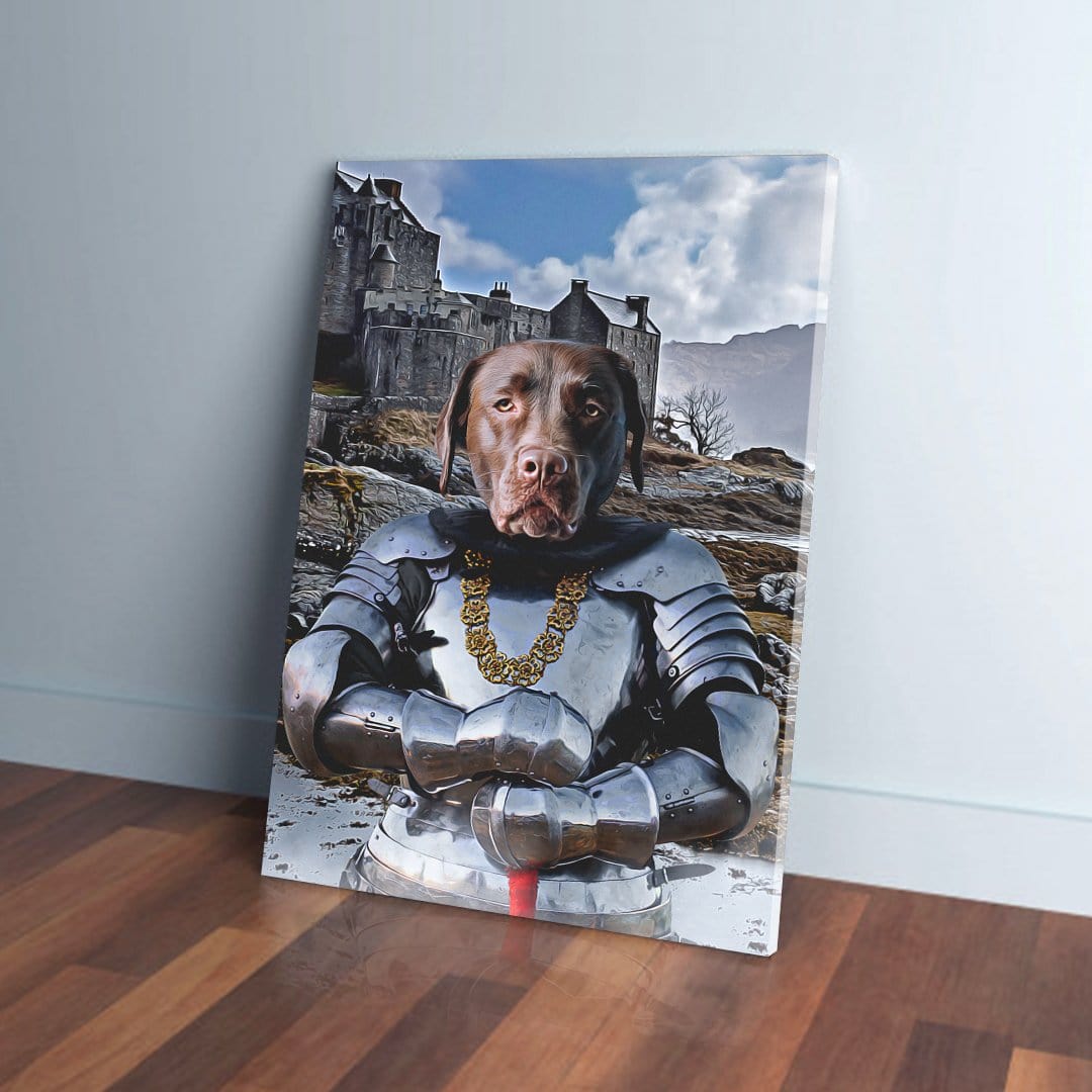 Personalized 'The Knight' canvas featuring a chocolate lab in silver armor with a gold chain, against a castle backdrop.