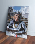 Personalized 'The Knight' canvas featuring a chocolate lab in silver armor with a gold chain, against a castle backdrop.