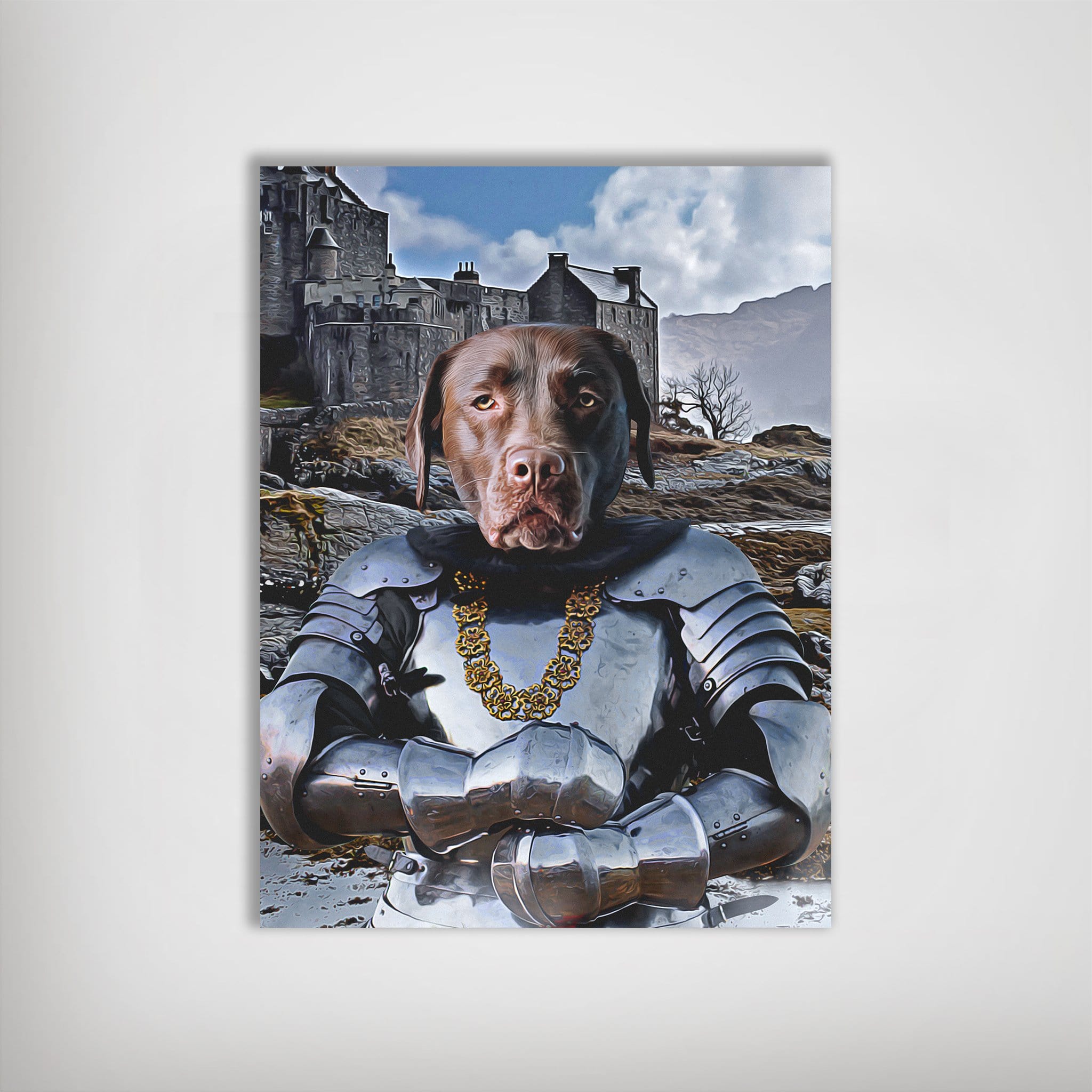 Personalized dog poster featuring a chocolate lab in knight armor with a gold chain, set against a castle backdrop.