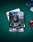 Personalized playing cards featuring a chocolate lab dog in knight armor, set against a castle backdrop.