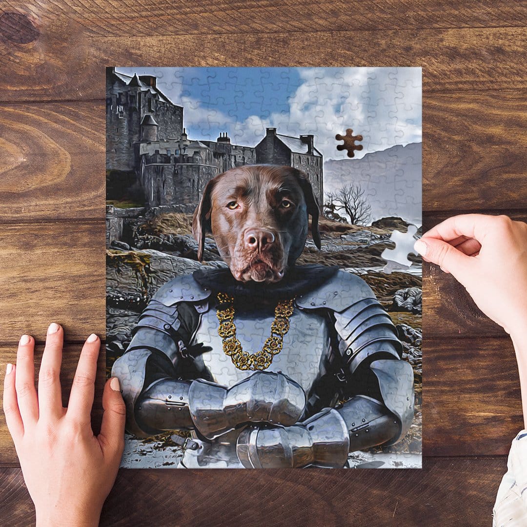 Personalized pet puzzle featuring a chocolate lab in knight armor with a castle background.