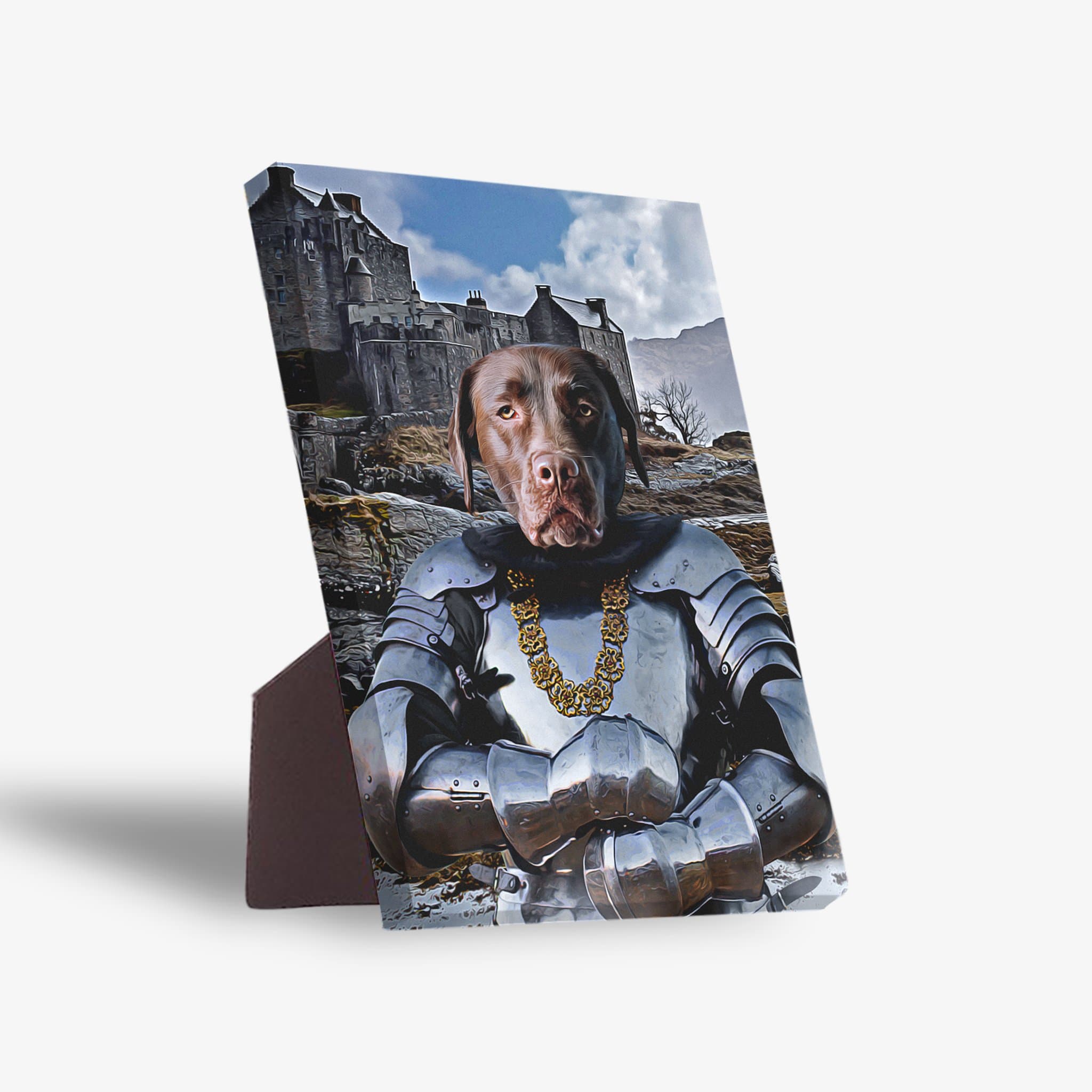Personalized pet standing canvas featuring a chocolate lab in knight armor with a gold chain, against a castle backdrop.