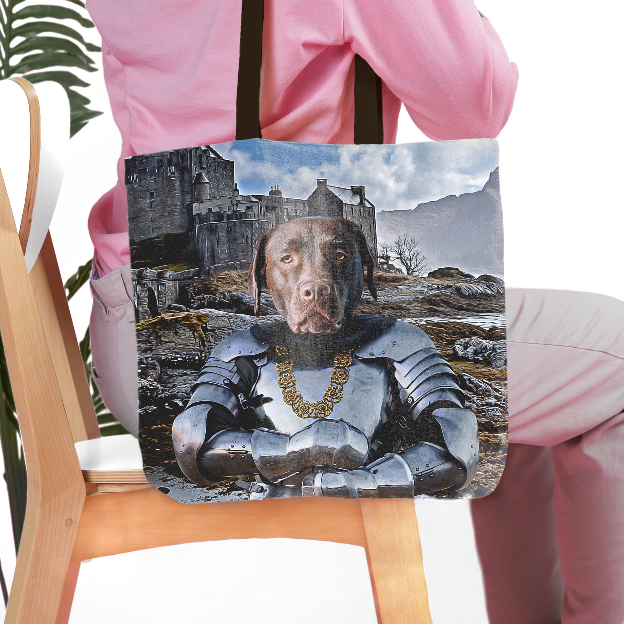 Personalized 'The Knight' tote bag featuring a brown dog's head on a knight's armored body.