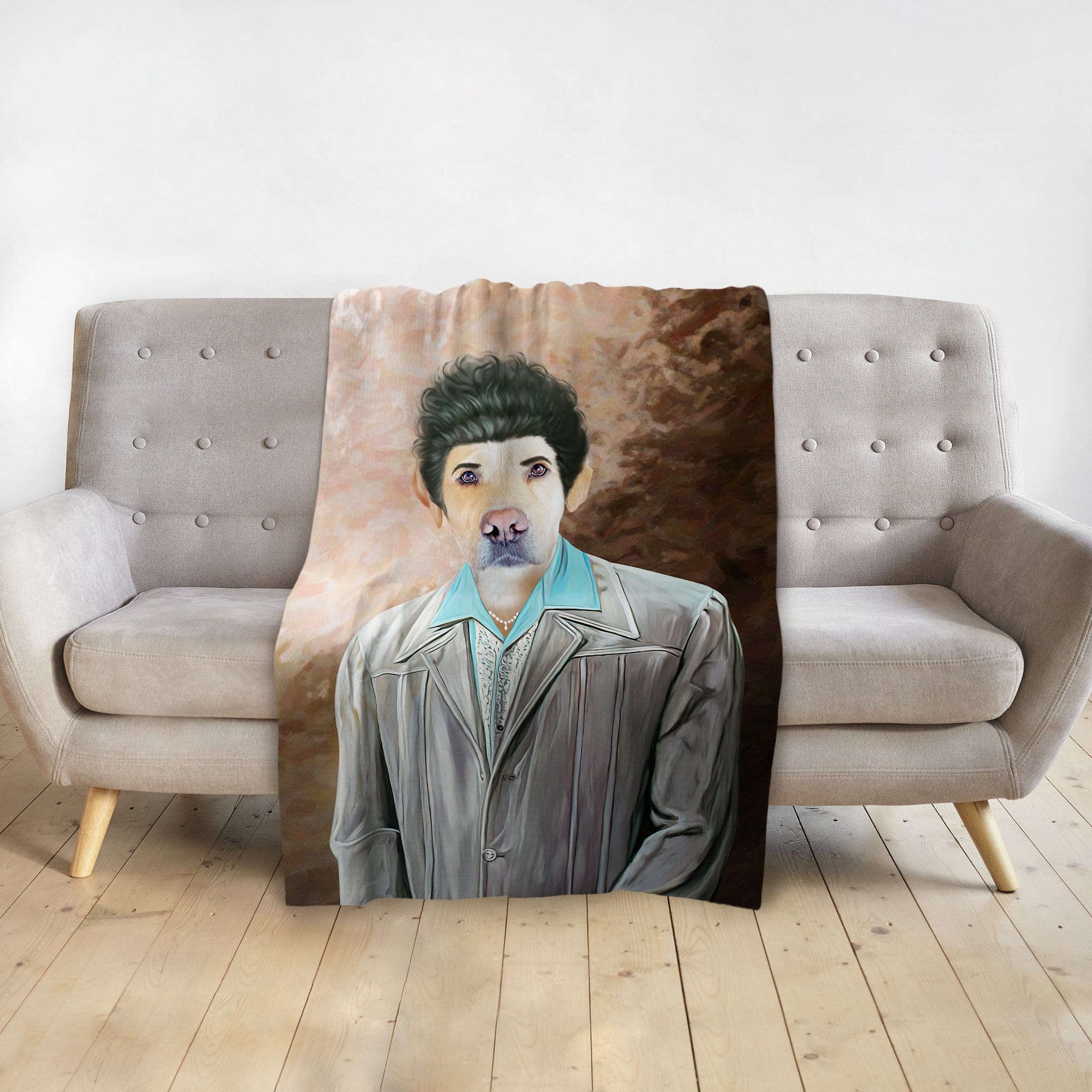 Personalized pet blanket featuring a dog's face on a human body in a "Kramer" style portrait.